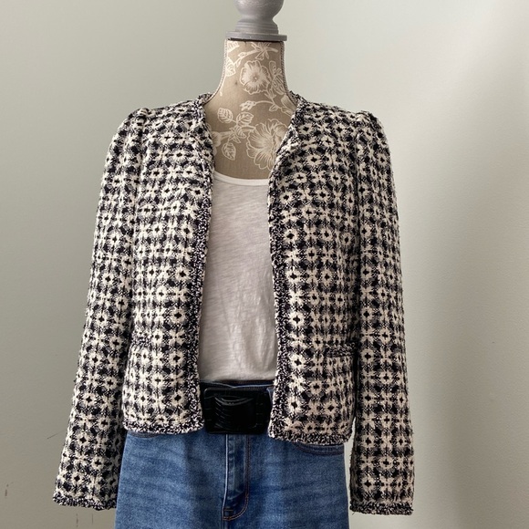 Ann Taylor Tweed Boucle Collarless Lady Jacket Black White Gold 2 or … - Picture 1 of 17